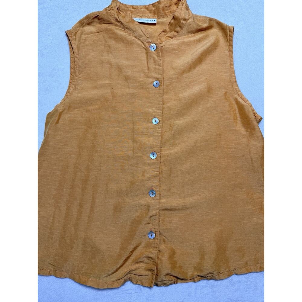 Bryn Walker Medium M Ochre Gold Bamboo Viscose Button Up Sleeveless Top Shirt